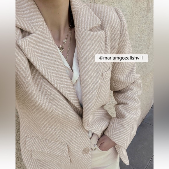 NEW Na-KD Tweed Beige Blazer Oversized Tan White Double Breasted Coat Wool - Picture 3 of 10